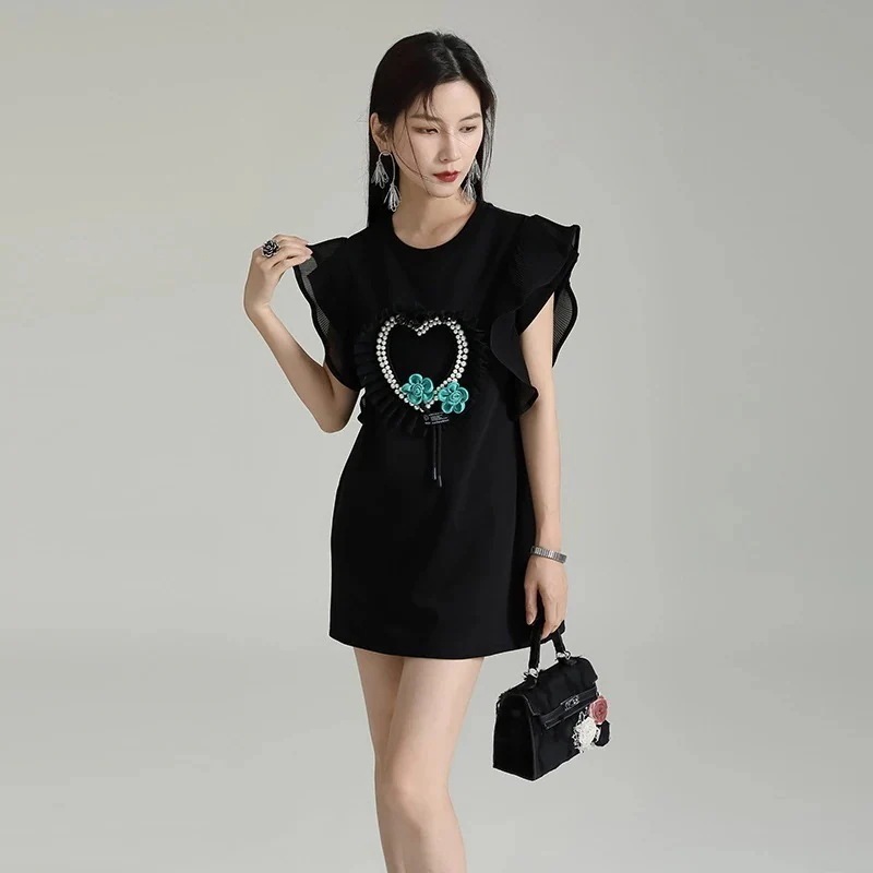 【J.Fashion】 パール心飾り チュニック ショートワンピース 夏 フリル 体型カバー ロングブラウス レディース おしゃれ 上質 関連商品は店で購入可能 メガ割30%までに制限