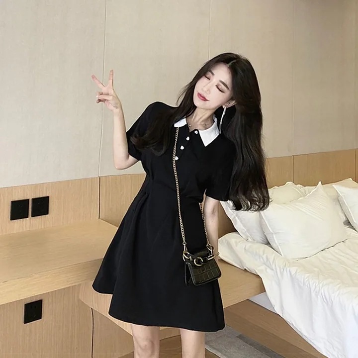 ワンピース ミニスカート レディース ショート 半袖 ポロカラー Aライン タック ハイウエスト ボタン かわいい 大人可愛い きれいめ シンプル カジュアル 上品 おしゃれ かっこいい こなれ感 ラ