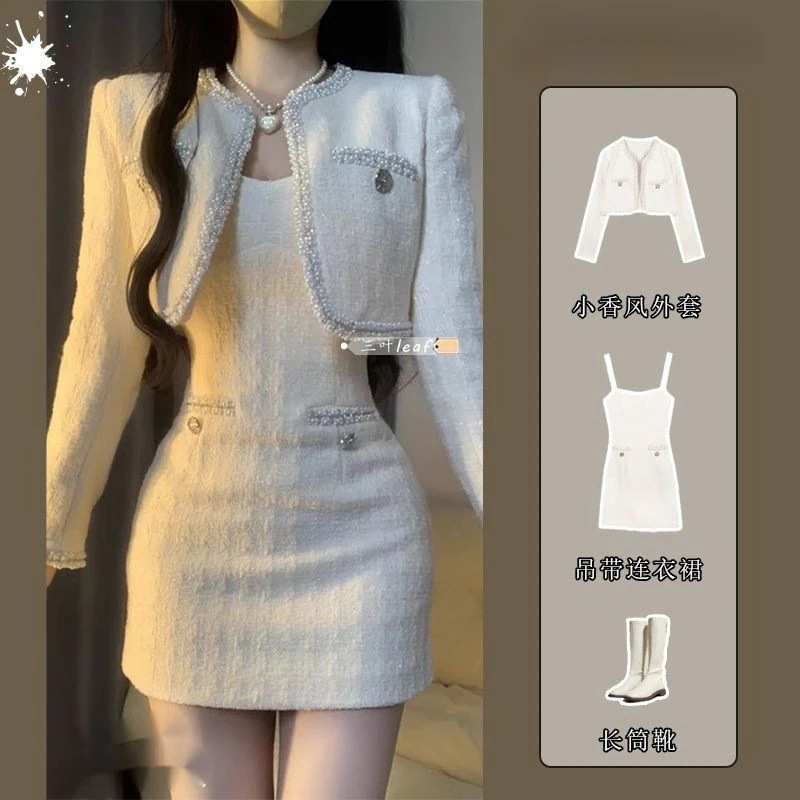 ハイエンドのカスタマイズ-スーツ女性の 2024 秋冬新スタイル小さな香りショートジャケット気質トップスリムスリムサスペンダードレストレンディな