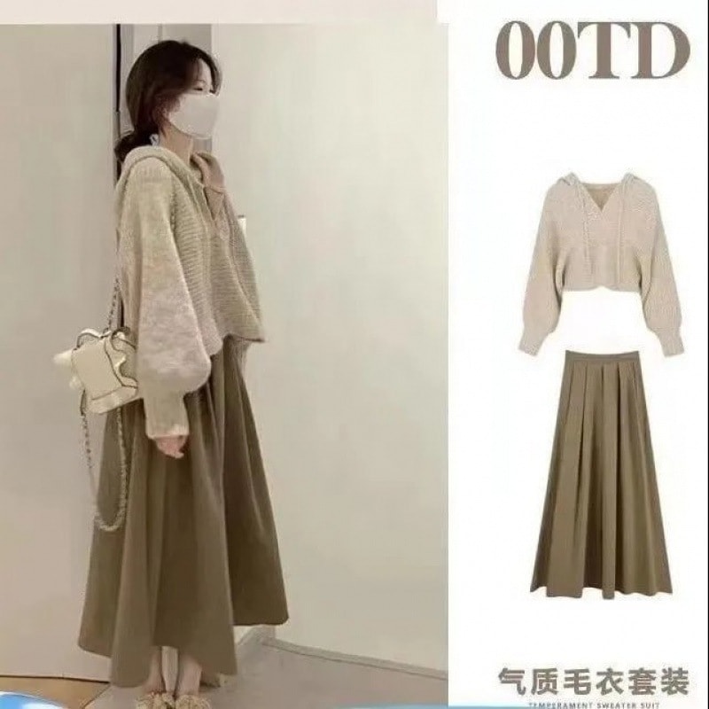 ハイエンドのカスタマイズ-シングルピース スーツ ニット トップ秋と冬の新しいプラス サイズの女性の年齢を減らすフード付きスウェットシャツ キキョウ スカート 2 点セット