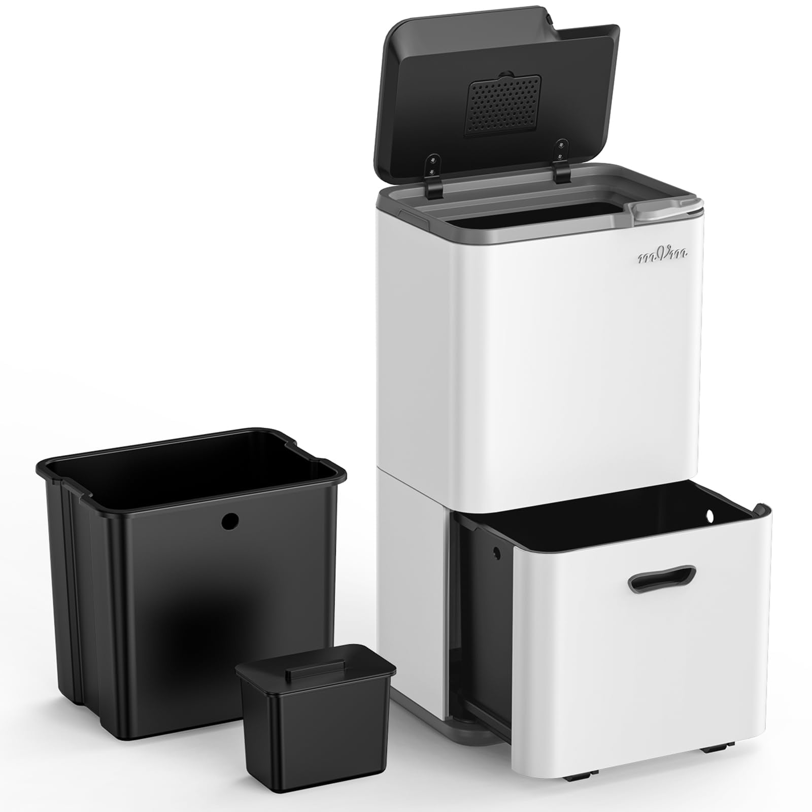 mVm ゴミ箱 分別 縦型2段4分別 63L ダストボックス 蓋付き 消臭フィルター付き 大容量 ステンレス製 引き出し式付き プッシュ式 ペットボトルや缶収納可能 ホワイト