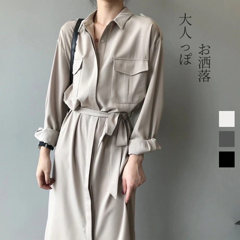 2024新作 高級感シャツワンピース レディース 気質着痩せ 長袖 ロングワンピース 大人 通勤 お洒落 韓国 ワンピース ウエスト引き締め 着痩せ ドレス 韓国ファ