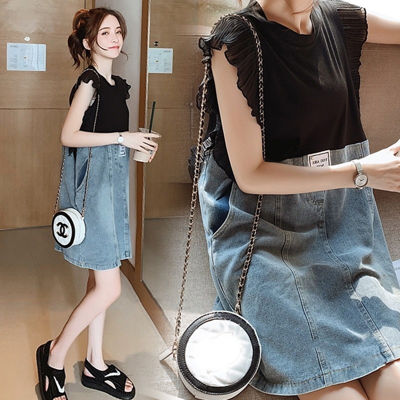 ワンピース レディース デニム切り返し ワンピ 個性的 春服 夏服 ミニ ひざ丈 フリル袖 ラウンドネック インスタ映え モテ 流行 トレンド 若見え M L XL 2XL 3XL 4XL