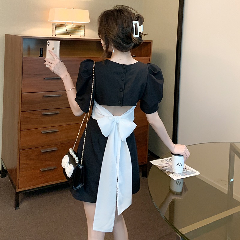 訳あり 半袖ミニドレス女性のエレガントな蝶結びの背中の開いたパフスリーブワンピース 半袖ミニ 膝丈ワンピ サイズ Xl Coris Ec