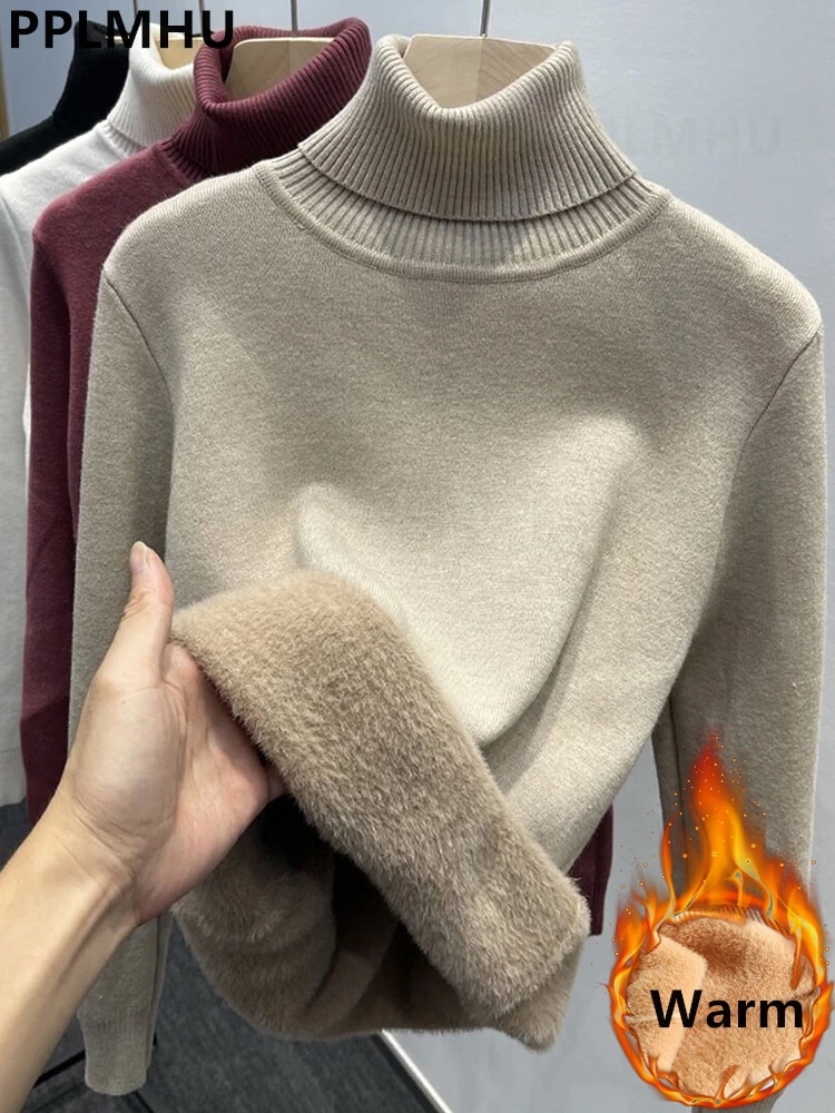 女性用ベルベットタートルネックセーター裏地付きプルオーバースリムトップスーパーニットウィンタージャージーknitwear韓国ファッション厚手暖かい - 2000