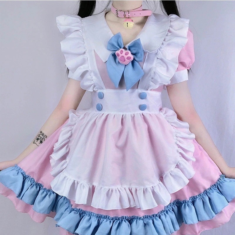 S-4xl大きいサイズメイド服超萌え大きい蝶結びロリータワンピース婦人服ピンク青いかわいいスカート