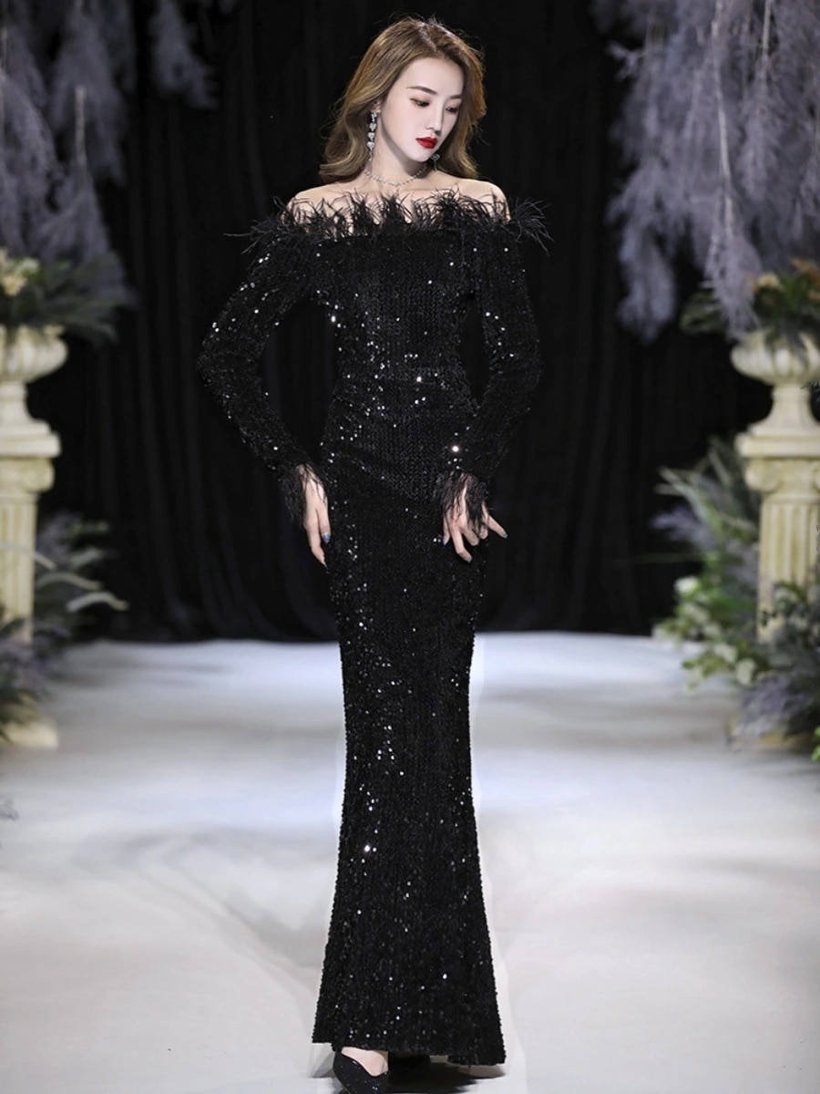 女性用スパンコールイブニングドレス ワンショルダーセクシー長袖テールホストバンケットロングドレス安い