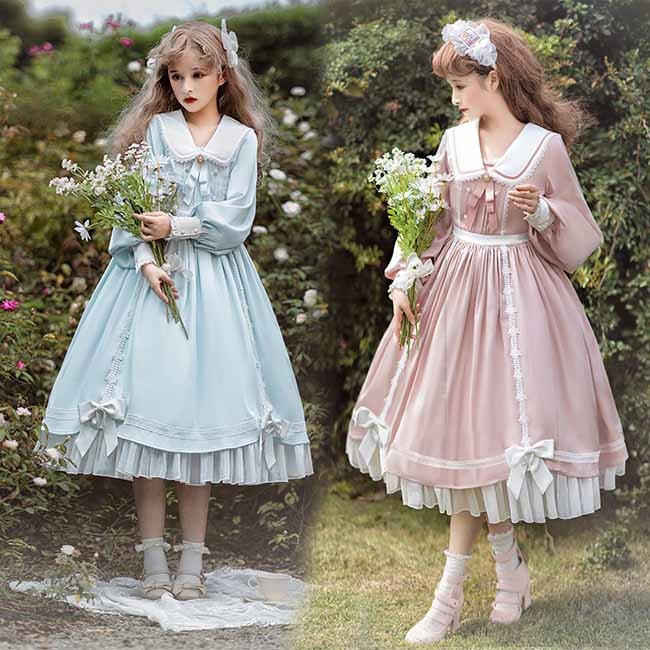 ロリータワンピース ビッグカラー ヘッドドレス ゆめかわ 長袖 Lolita ロリータ ワンピース セットアップ フリル お嬢様 洋服 ピンク 水色 S M L