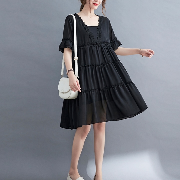 ワンピース ビッグT フレアワンピース ティアードワンピース 膝丈 ひざ丈 膝上 袖あり 半袖 ボリューム袖 Vネック フレア セミフレア Aライン レース 切り替えデザイン 大人可愛い