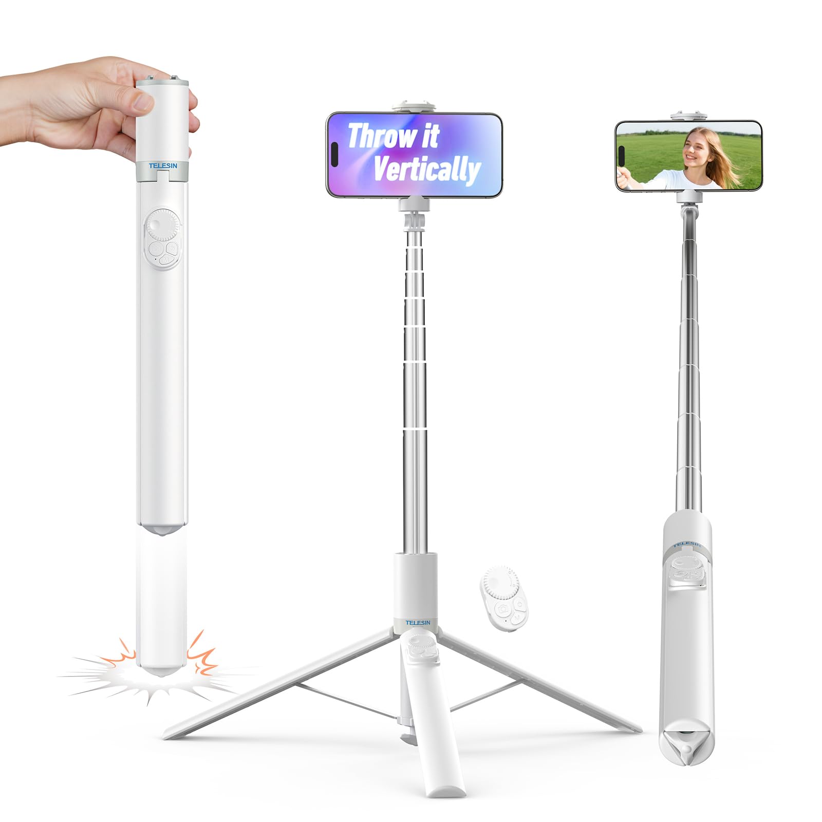 TELESIN 自撮り棒 三脚 自動開き コンパクト じどり棒 軽量 iphone じどりぼう 1.7m高さ調整 スマホ三脚 リモコン付き 自撮り棒 伸縮式 軽量 携帯三脚 360回転 iPhone