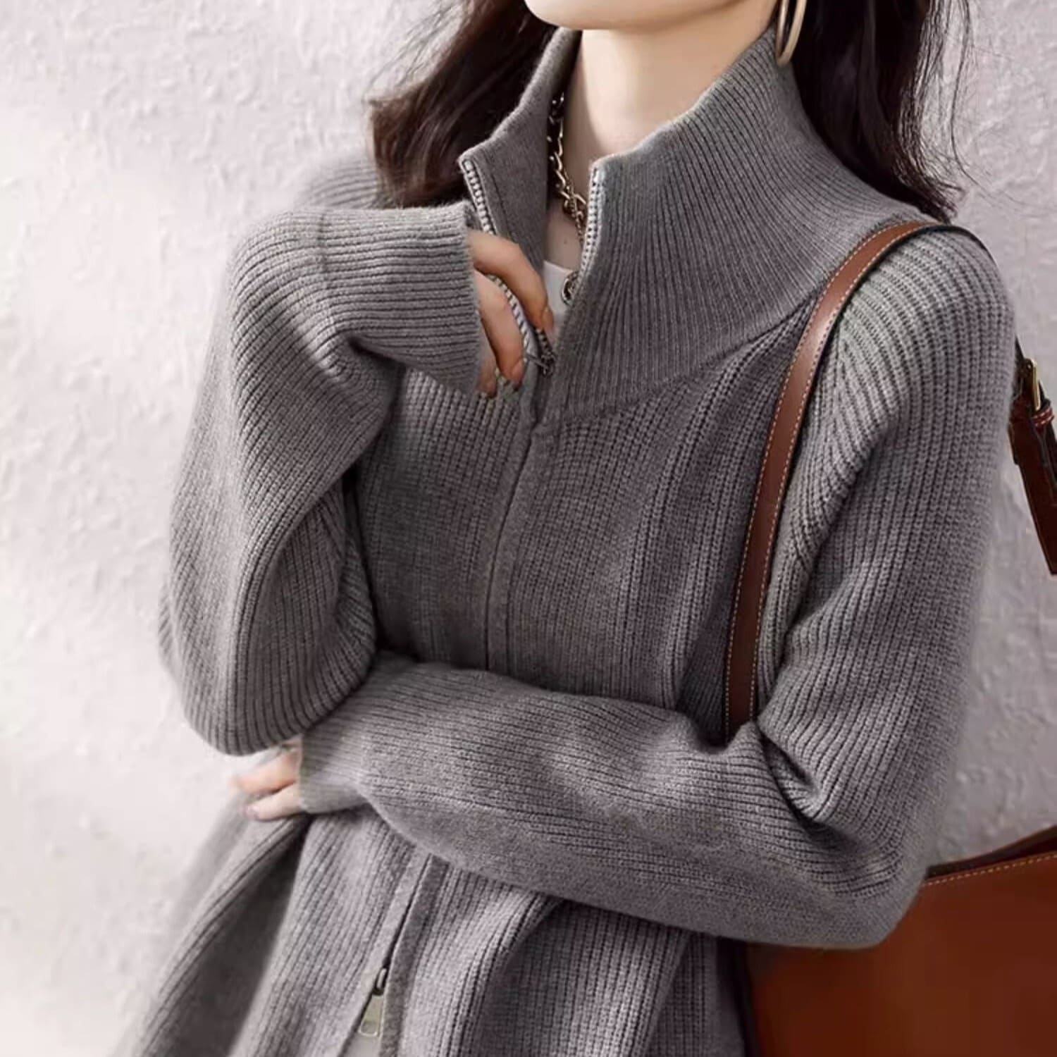 ジャケット ニット セーター カーディガン レディース 長袖 スタンドカラー ワイド ストレート オーバーサイズ ファスナー リブ 前開き ダブルジップ ニット リブニット 大人可愛い シンプル
