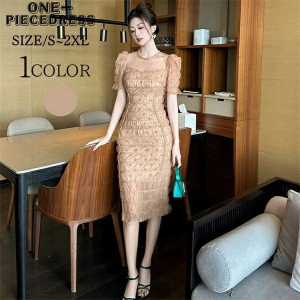 ワンピスドレス　タイトドレス　総レースドレス　半袖　パーティードレス　ロング丈ワンピース　ナイトドレス　フォーマル　ビーズ付き　姫系　セクシー上品 大人 きれいめ キャバ嬢　お水　結婚式　披露宴　20
