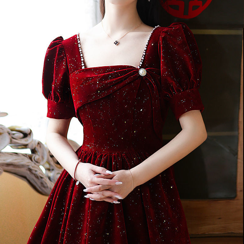 星空ドレス 2025秋冬 ブライダルレッド 婚約ドレス 謝恩会ドレス 同窓会 ハイウエスト