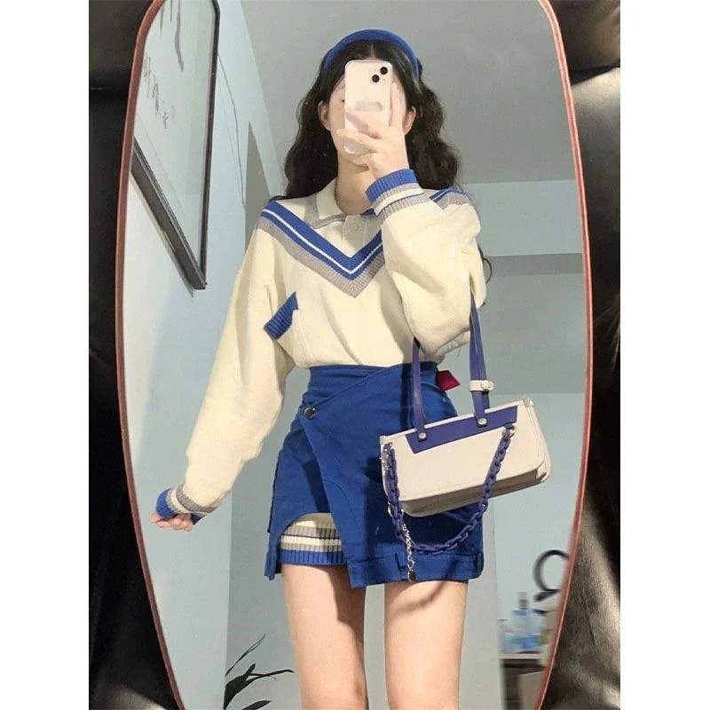 涼しく楽ちんセットアップ涼しく楽ちんセットアップ 涼しく楽ちんセットアップセットアップ2023 韓国ファッション JK制服アカデミック春新作フェイクツーピース ニットセーター＋プリーツスカート ツー