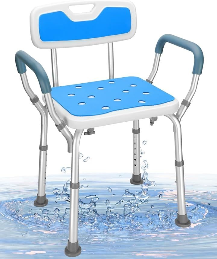 シャワーチェア 日本理学療法士共同監修介護椅子 お風呂椅子 介護用 6段階高さ調節 バスチェア アルミ合金製 軽量 丈夫 浴室 耐荷重150kg(ブルー, 背もたれ肘掛けタイプ)