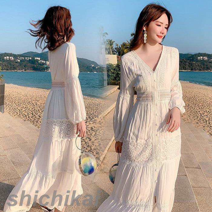 オシャレ 結婚式ドレス ボヘミアマキシワンピース 40代 白レース レディース THOM Vネックロングスカート ワンピース 大きいサイズ WILLS 春夏 長袖ワンピース 30代 50代