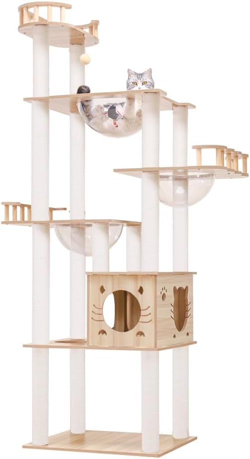 【なになにLife】キャットタワー 木製 据え置き 大型 おしゃれ 高さ185cm キャットタワー 多頭飼い 高級 スリム 猫タワー 宇宙船ボウル 大型猫 中型 猫 爪研ぎポール キャットツリー