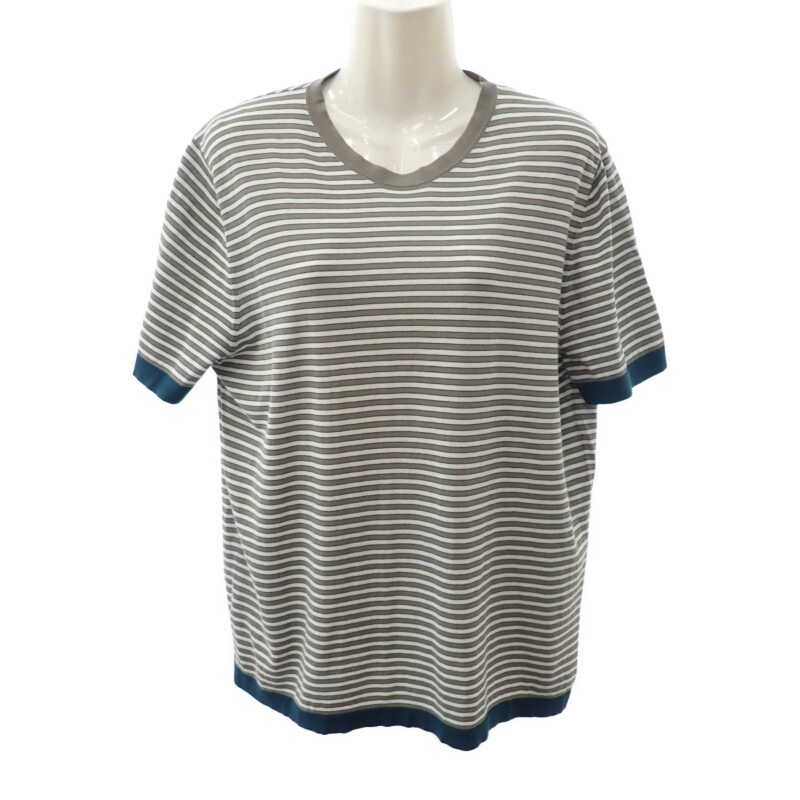 ボーダー ニット サイズL 半袖Ｔシャツ コットン グレー ホワイト ネイビー メンズ【Aランク】