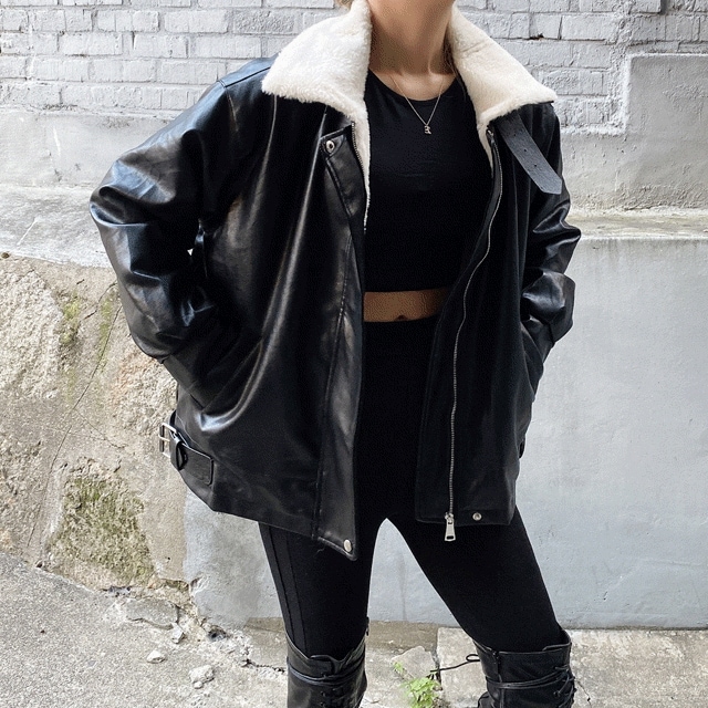 Size(~77) ルーズフィット レザー ファー ムートン ライダージャケット 1color