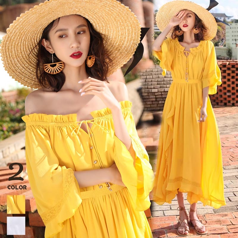 オフショルダーワンピース ボヘミアンワンピース ビーチワンピースリゾートワンピース 民族風 ロング丈 マキシワンピース 夏新作 マキシワンピース レディース カジュアル キレイめ 大人 海 花柄 春夏