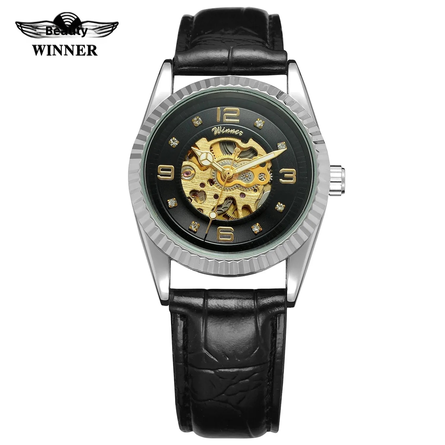 女性のためのT-winner勝利機械式腕時計丸い中空黒い革のストラップ自動巻き時計 - 1511