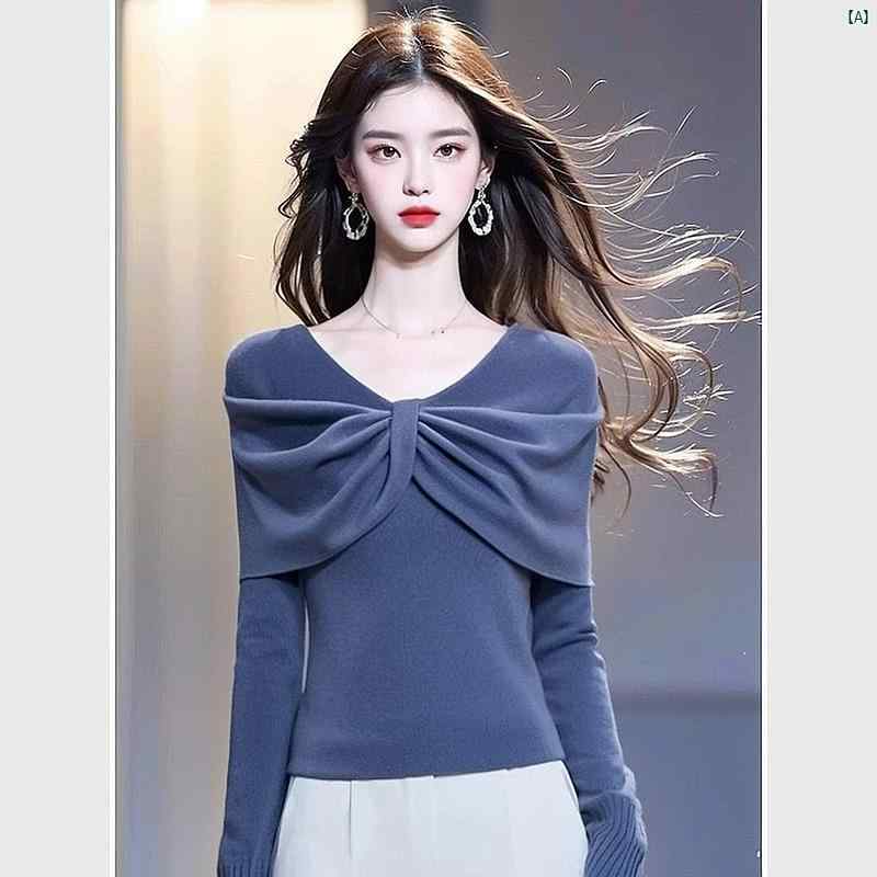 レディース レディース　アーバンファッション　モダンファッション　海外　欧州　個性的　アーバン パーティー ブルー 長袖 ニット セーター レディース 秋 西洋 ハイエンド フレンチ ウエスト トップ