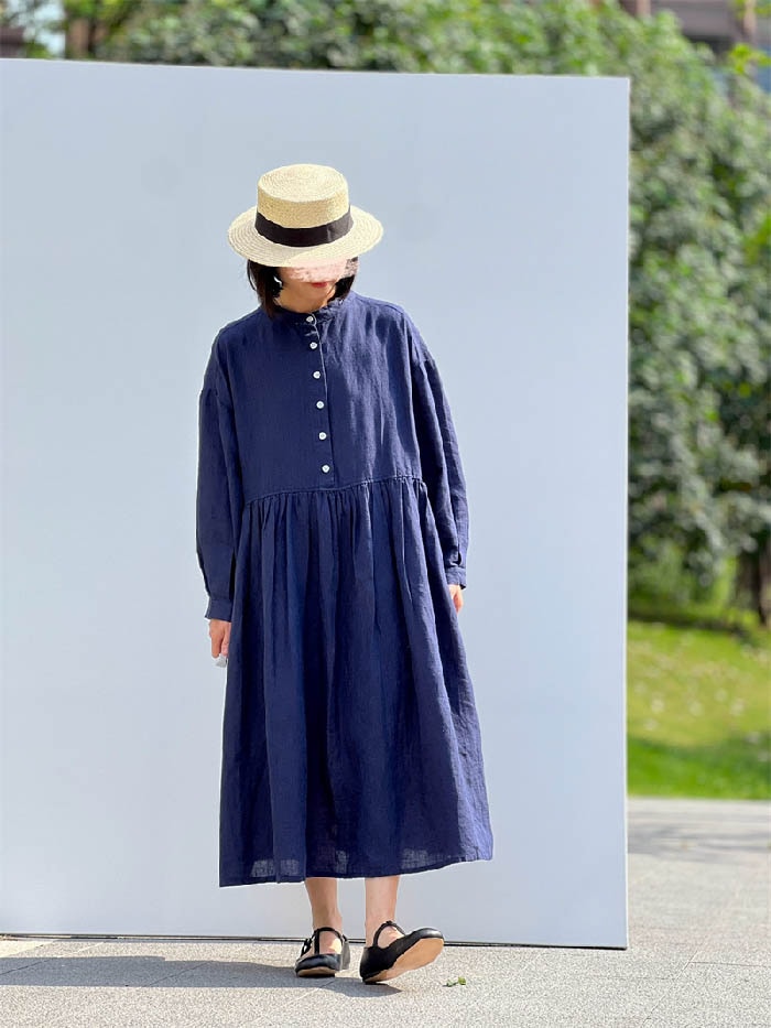 ワンピース リネン100％ 長袖 秋 春 シャツワンピース スタンドカラー レディース リネン 麻 無地 長袖 大きいサイズ チュニック ゆったり ナチュラル オシャレ シンプル カジュアル 着回し