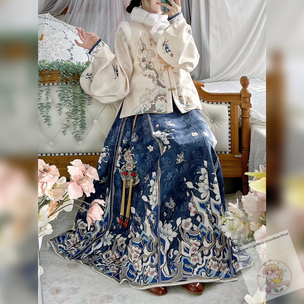 宋製漢服の女性のカーディガンの長い上着を襟にしたプリーツの日常加絨セット