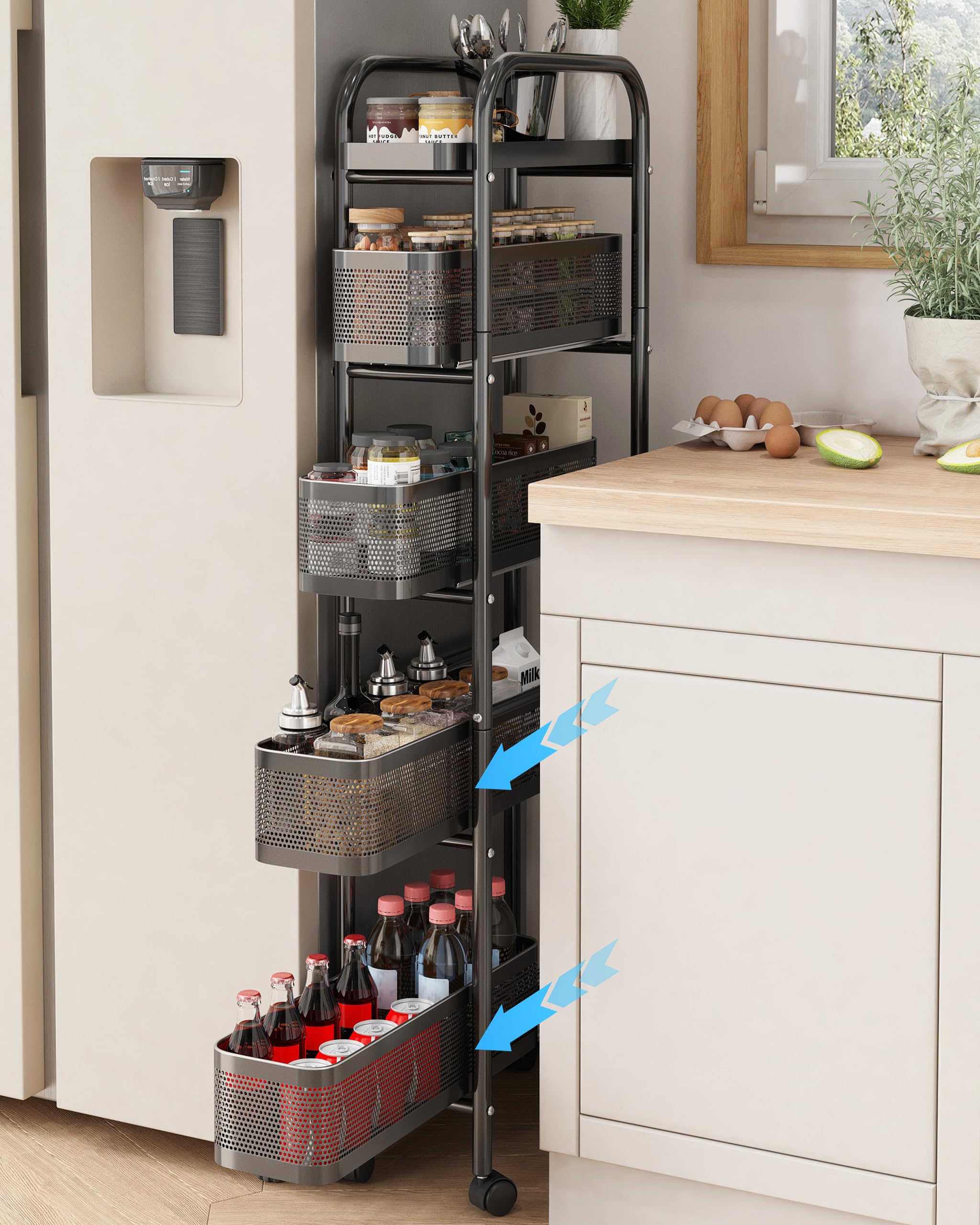 キッチンワゴン 隙間収納 スリム多段収納カート 360度キャスター付き 引き出し式 移動式 収納ワゴン 省スペース調味料ラック/洗面所/冷蔵庫横/台所 （幅20cm 5段ブラック）