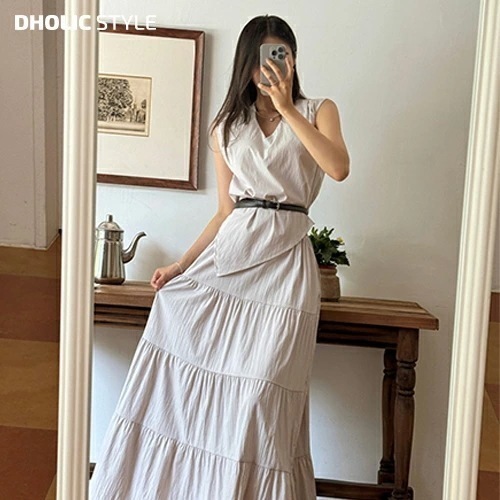 [メガ割りSALE]Vネックアシメノースリーブ&マキシスカートSET・p675232