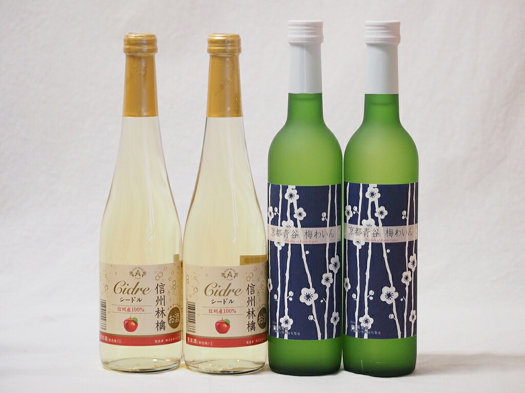 国産甘口ワイン4本セット 信州産100%林檎2本 京都山城青谷産城州白梅わいん2本 計500ml