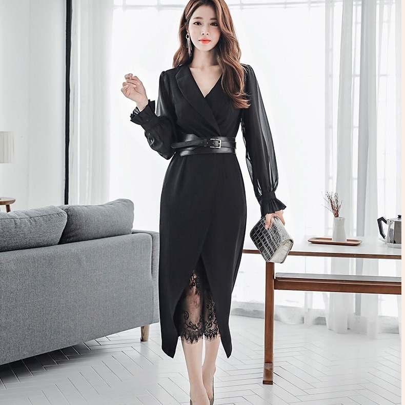 ワンピース ミディアム丈ワンピース 5長袖 Vネック ウエストベルト ミディアム丈 タイト スリット 刺繡 かわいい 大人可愛い きれいめ シンプル 上品 おしゃれ かっこいい レトロ ラフ こなれ感