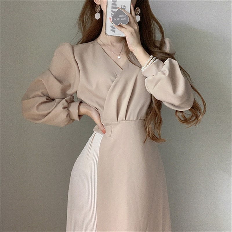 ドレス ワンピース パーティードレス 結婚式のドレス フォーマルドレス ロング丈 袖あり 長袖 ボリューム袖 Vネック 襟なし スリム 細身 ストレート プリーツ リボン ハイウエスト 大人可愛い