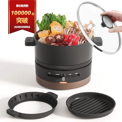 グリル鍋 ホットプレート 2WAY 電気鍋/波形プレート 一人用 1L 600W ガラス蓋付き 4段階温度調整 着脱式 丸洗い可能 小型 焼肉 深鍋 一人鍋 車中泊 自炊 キャンプ ブラック