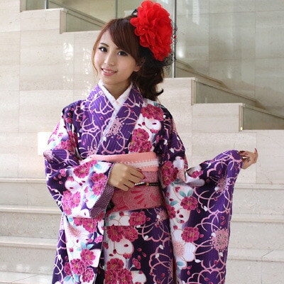 レンタル最大20日間 振袖 レンタル 成人式 セット 20点フルセット 派手 縦織紫地にピンク白八重桜パープル　振袖レンタル 格安 宅配 安い 11,858円