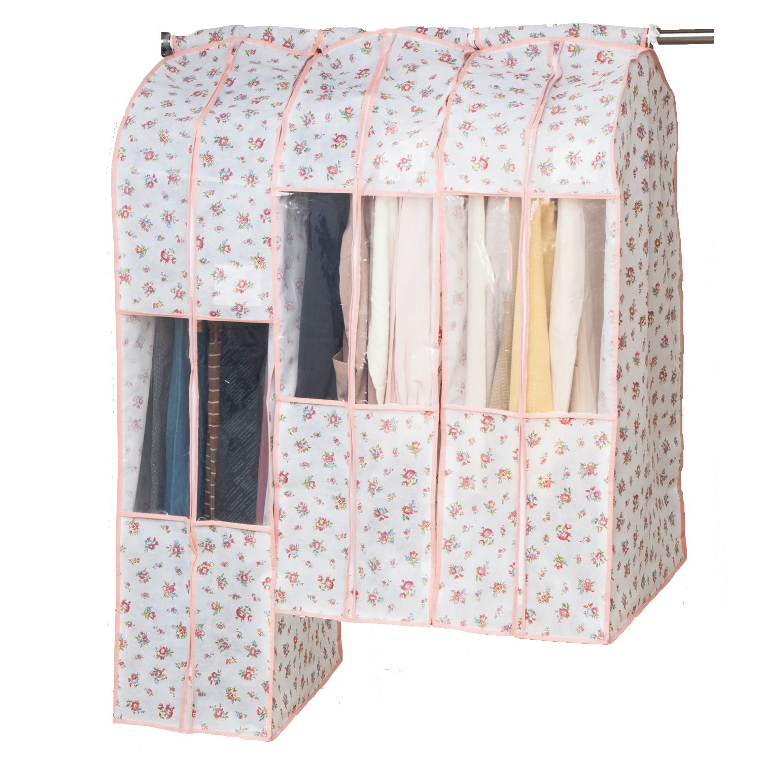 アストロ 洋服カバー ワイド 3枚 (スーツ2枚+ロング1枚) プチローズ柄 不織布 透明窓 防虫剤ポケット付き 底までカバー まとめて収納 600-24