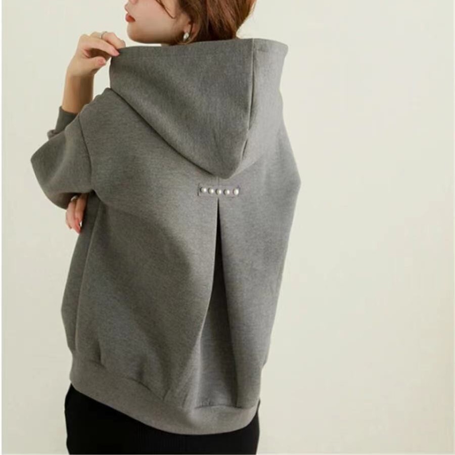 バックパール 背中タック レディース トップス プルオーバー パーカー フーディー ミディアム丈 長袖 ドロップショルダー フード付き オーバーサイズ バックコンシャス ポケット 厚手 かわいい