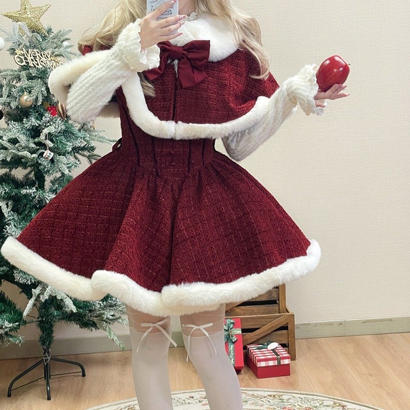 新年のバトルローブクリスマスセットレディース秋冬用ボウショールケープベーストップドレス3点セット