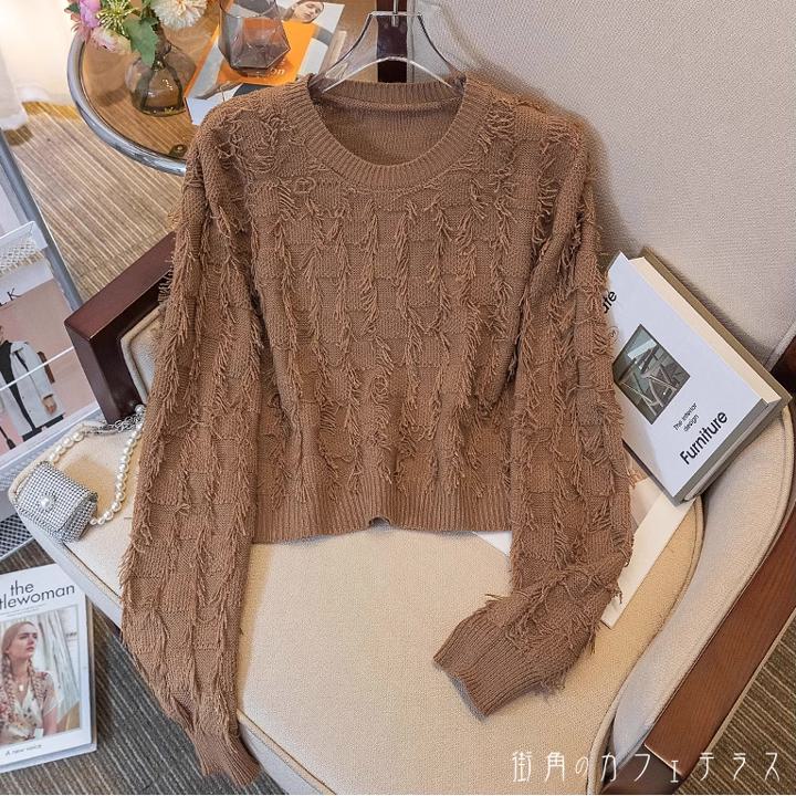 レディース トップス ニット クルーネック こなれ感 フラッフィー デザインニット 大人かわいい シック 上品 セレブ 抜け感 長袖 ブラウン アイボリー ブラック 茶色 白 黒 20代 30代 40 8,980円