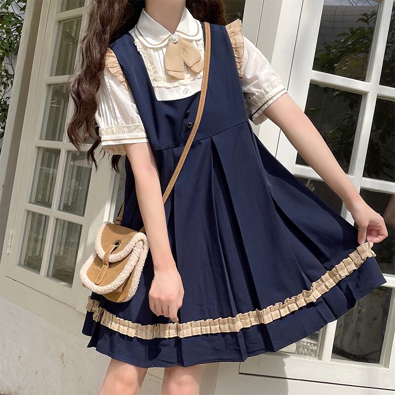 【急速出荷!】セットアップ スカート プリーツ ミニ ショート ネイビー ホワイト フリル リボン シャツ 制服