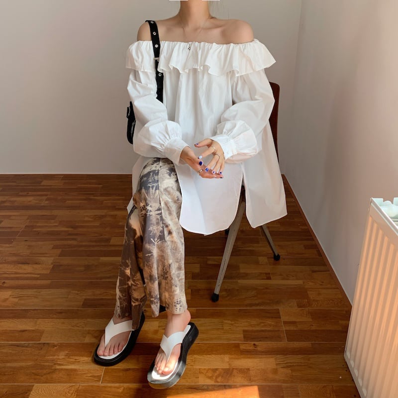 3color レディース トップス ブラウス シャツ フリル ビックカラー 2way オフショル