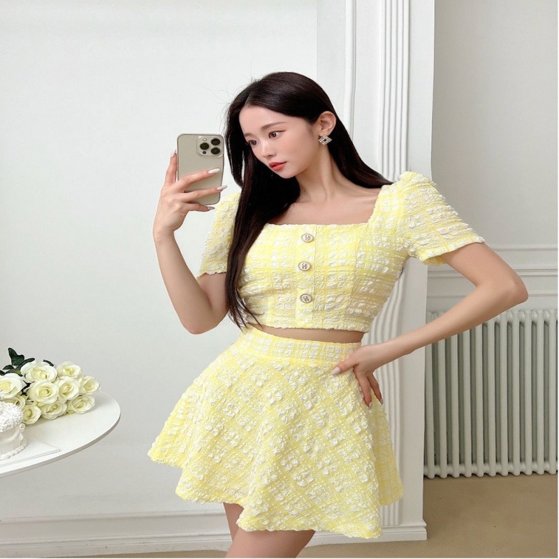 チェックパターン 半そで ミニスカート ツーピース セット ドレス(001)