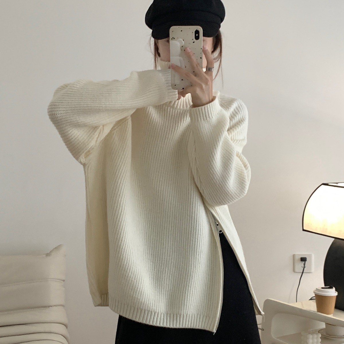 トップス セーター 袖あり 長袖 ドロップショルダー 襟付き ハイネック アシンメトリー デザイン ザックリ 美ライン シフォン リボン ファスナー 透け感 伸縮性 畔編 ニット カラバリ かわいい