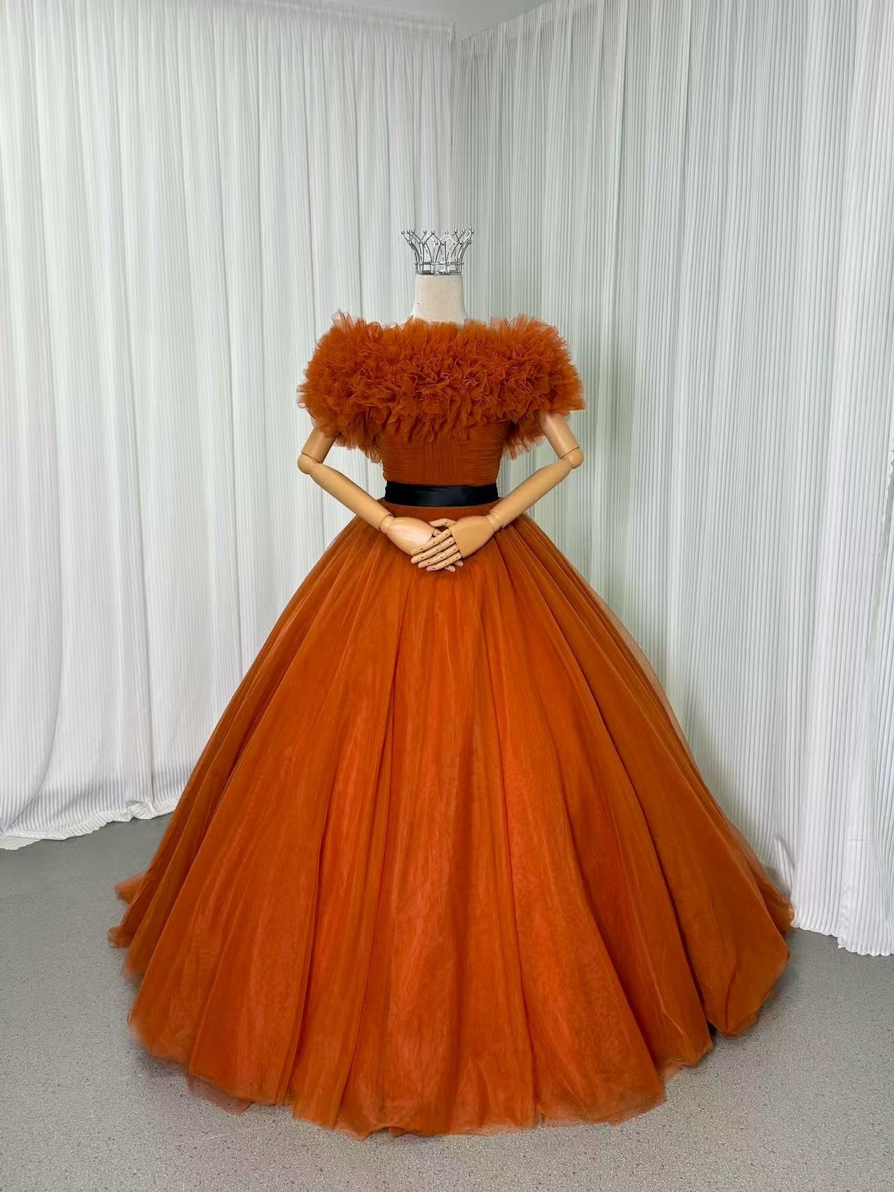 カラードレス オレンジ 取り外しオフショルダー チュールスカート サッシュベルト Aライン 編み上げ 披露宴 30,284円