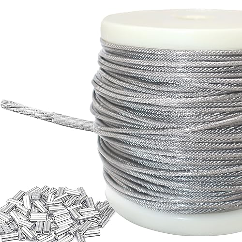 ワイヤー ステンレスワイヤー 径3.0mm 100m巻 構成7×7 ステンレスロープ ビニール被覆 アルミスリーブ付き 多用途 防錆性 地震対策 牽引 ガーデニング釣り物干しDIYに適しています
