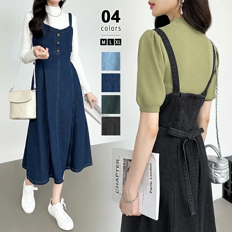 [迅速な配達][限時割!引!]ワンピース ジャンパースカート デニム キャミワンピ ロングワンピース レディース デニムワンピース キャミワンピース ノースリーブ オールインワン ミモレ ワンピ リボ