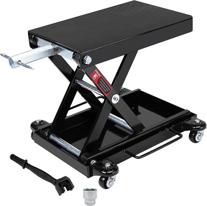 バイクジャッキ バイクリフト リフトドーリー 耐荷重500kg ソケット付 ゴムマット付 キャスター付 3面チェーンブラシ付き(ブラック-new)