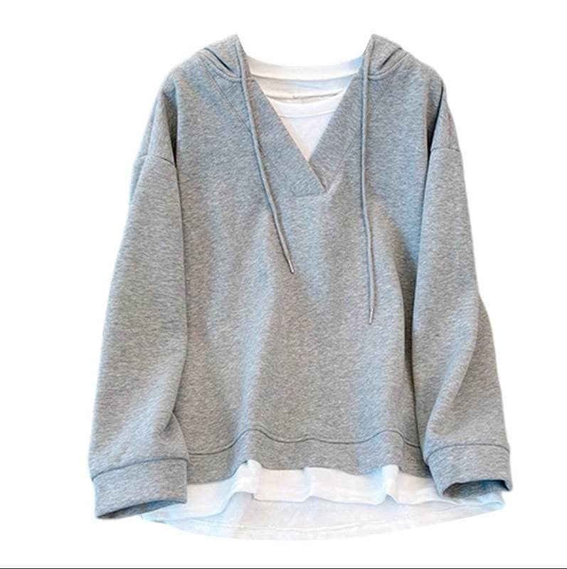 フェイクツーピース レディース トップス パーカー ミドル丈 長袖 Vネック Uネック フード ワイド かわいい 大人可愛い シンプル カジュアル おしゃれ かっこいい レトロ ラフ メンズライク マ 4,933円