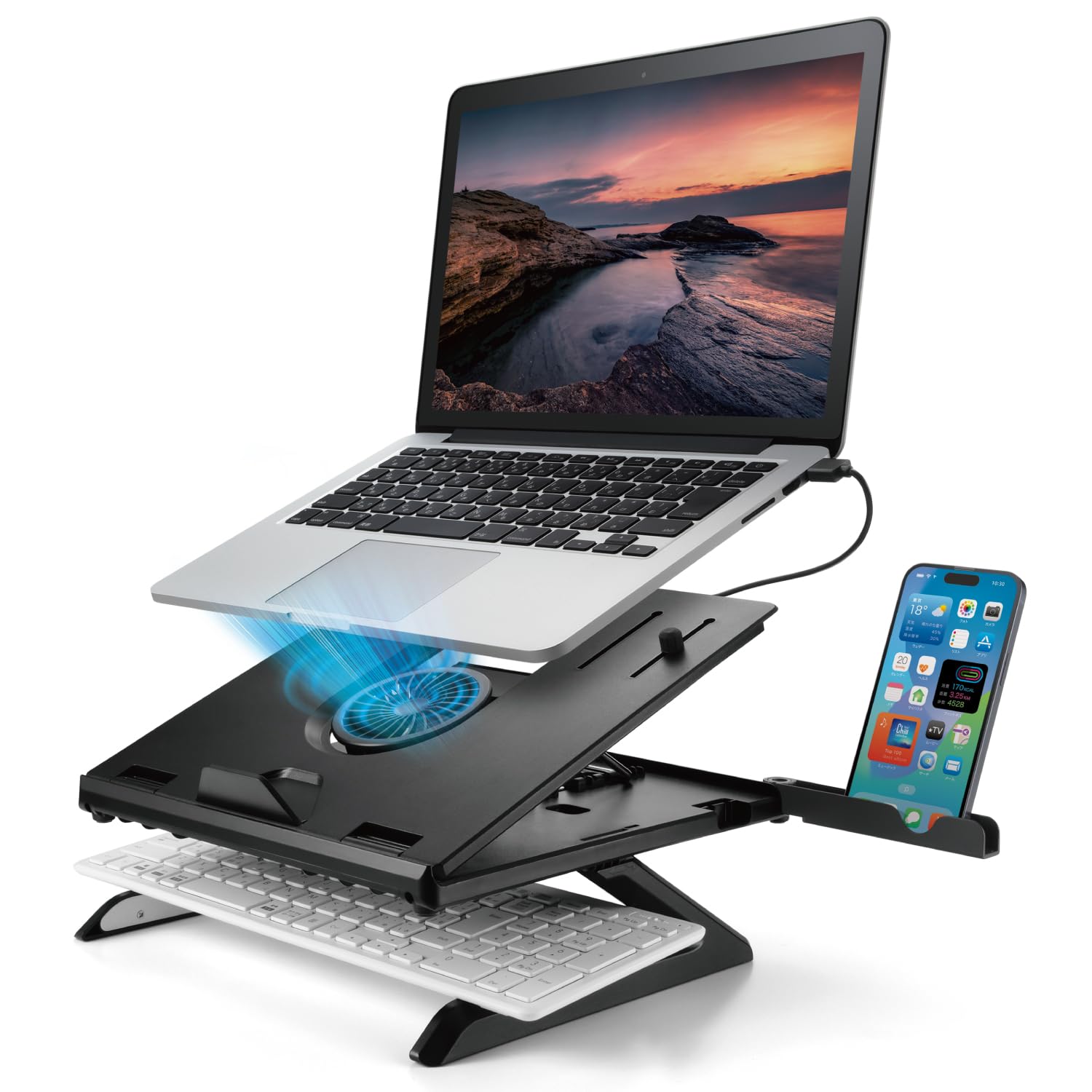 【全国送料無料】 エレコム ノートPCスタンド 冷却ファン付き 折りたたみ 高さ8段階調整 スマホスタンド付き ~15.6インチ対応 ブラック PCAWLTSFANH8BK