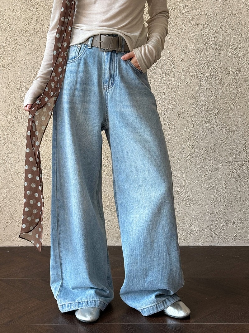 ベルト付きハイウエストドレープジーンズ レディース 春夏デニムワイドパンツ 百掛けデニムパンツ